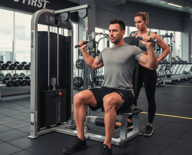 Man on an ab crunch machine with a PT in a commercial gym 
